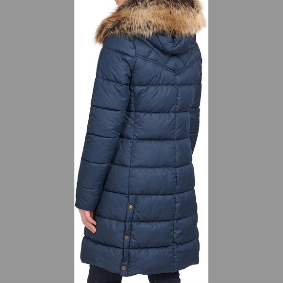 $380 Barbour Rustington Faux-Fur-Trim Hooded Puffer Coat Navy Blue US size 12 - Picture 2 of 5